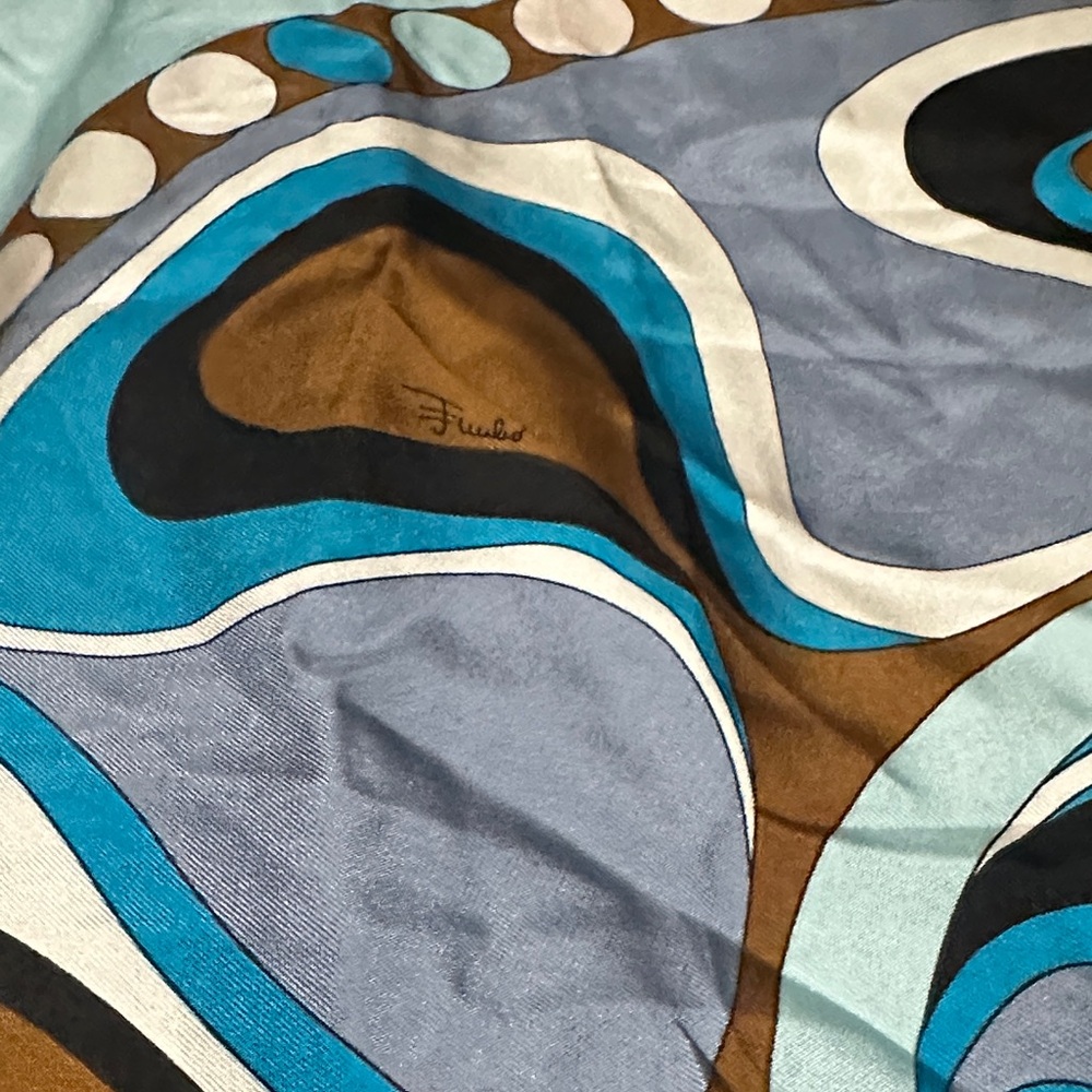 🆕Emilio Pucci Blue, Turquoise & Brown Swirl Print Silk Scarf - Picture 11 of 16
